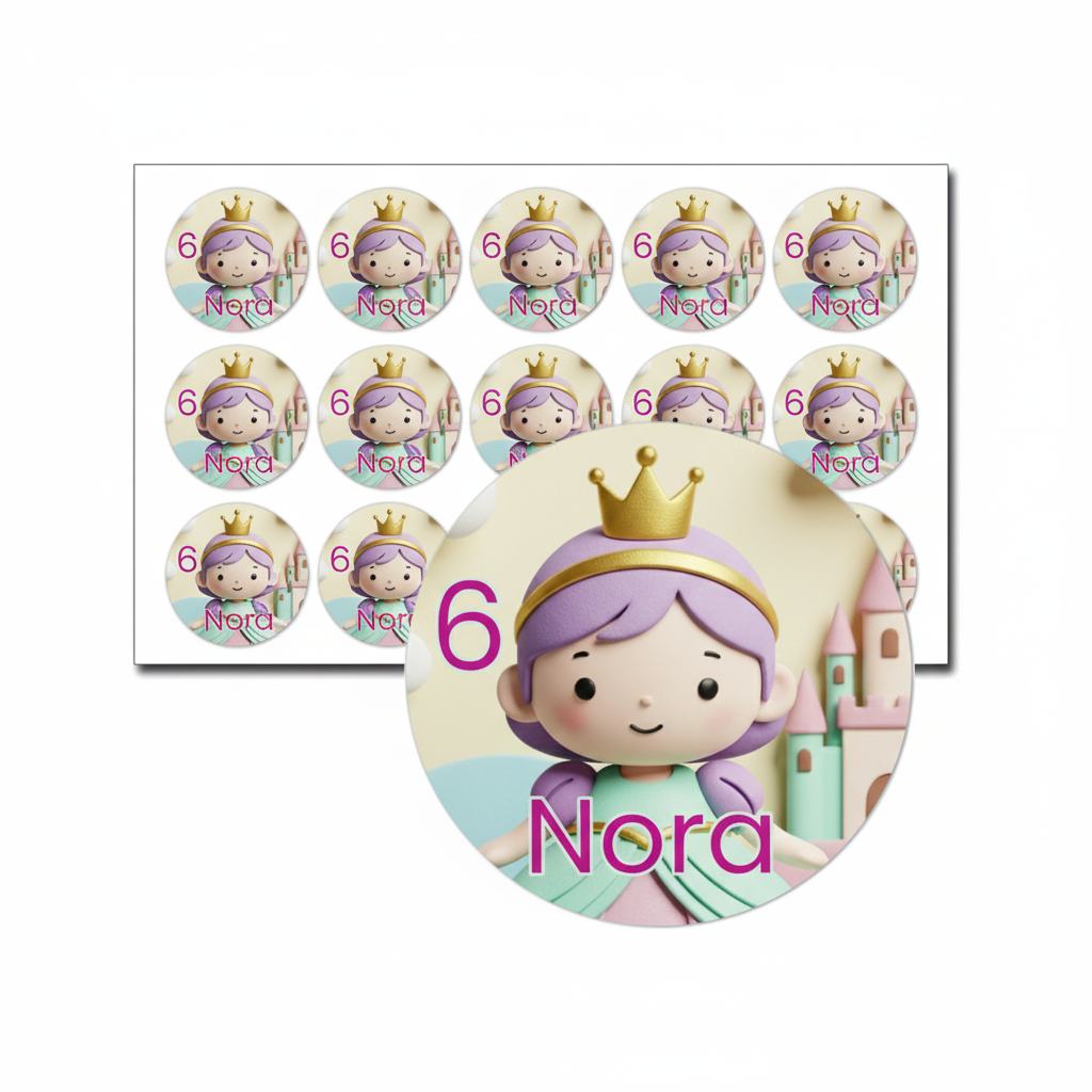 Prinses traktatiestickers met naam en leeftijd, vrolijk ontwerp voor kinderfeestje of verjaardag