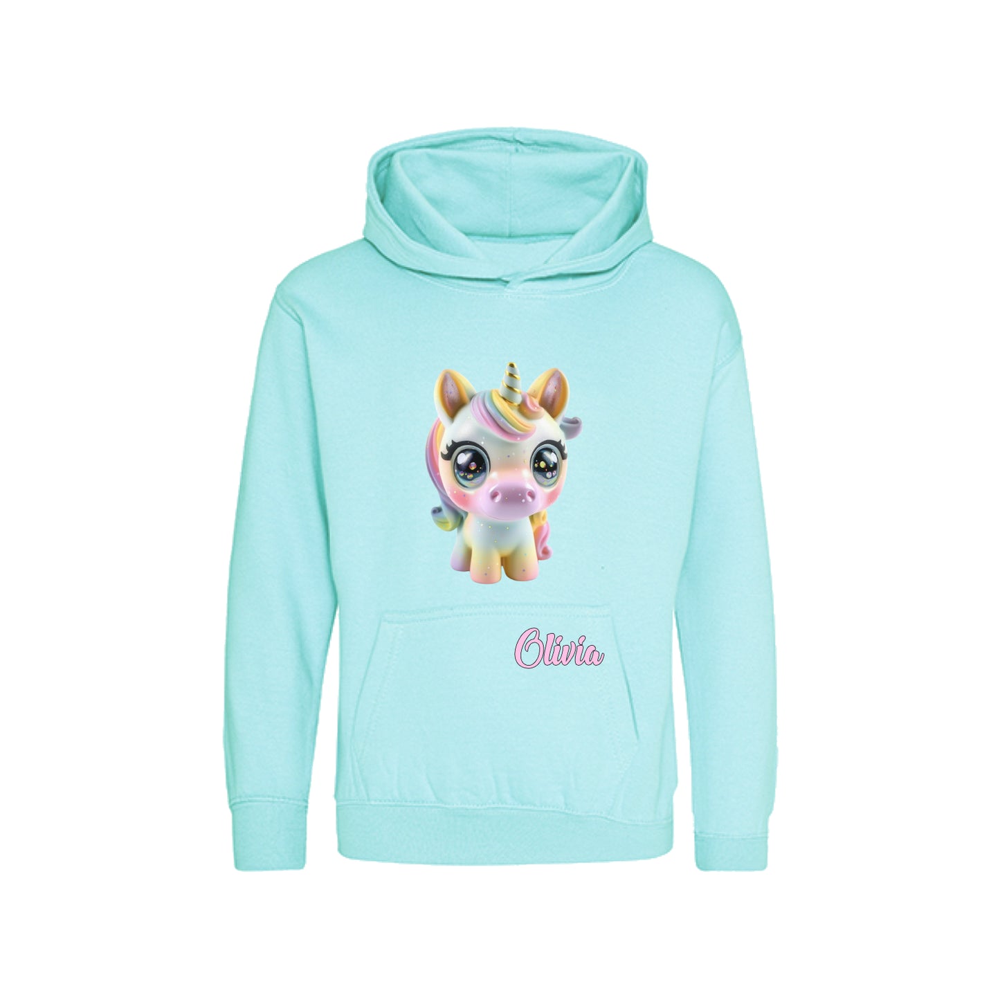Unicorn hoodie met unicorn en naam in de kleur peppermint