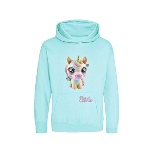 Unicorn hoodie met unicorn en naam in de kleur peppermint