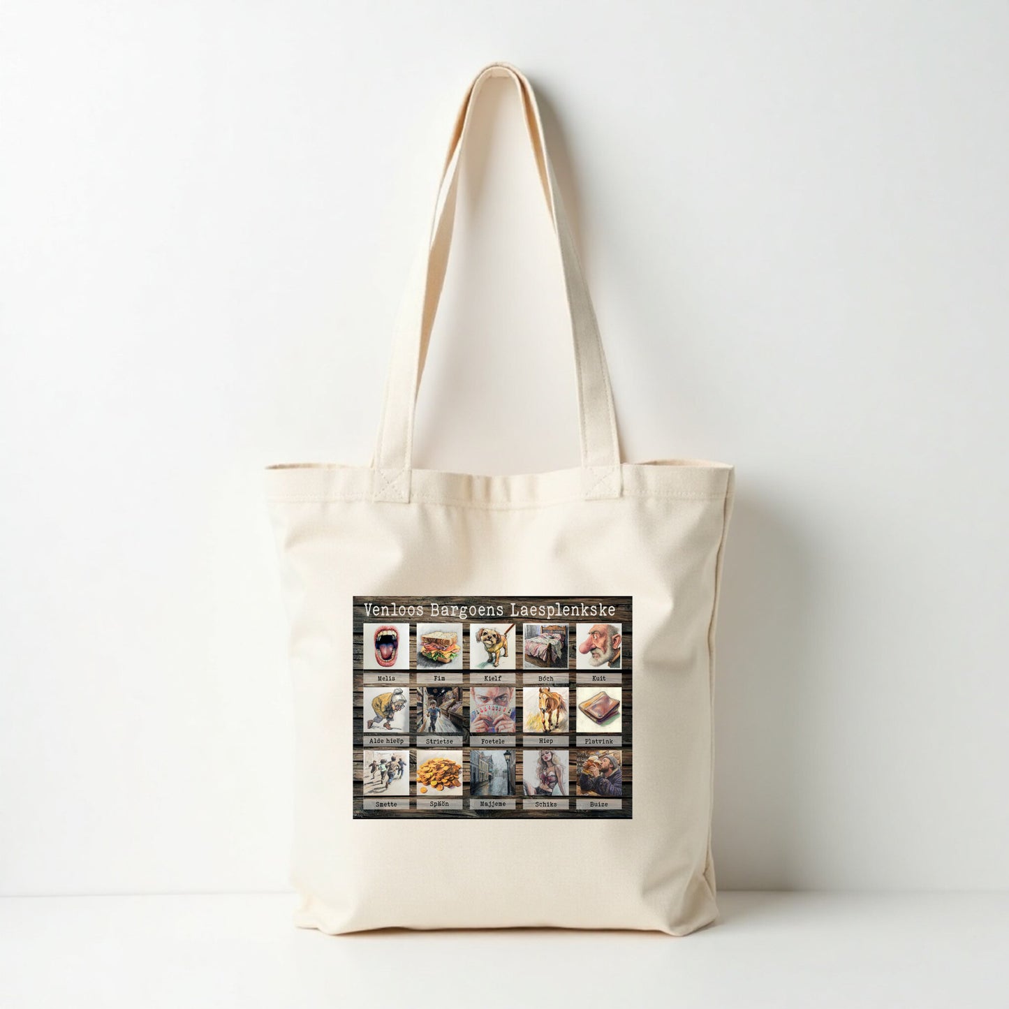 Tas bedrukt met Venloos Bargoens leesplankje