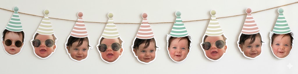 Verjaardagsslinger met eigen foto's van kind met feesthoedjes op