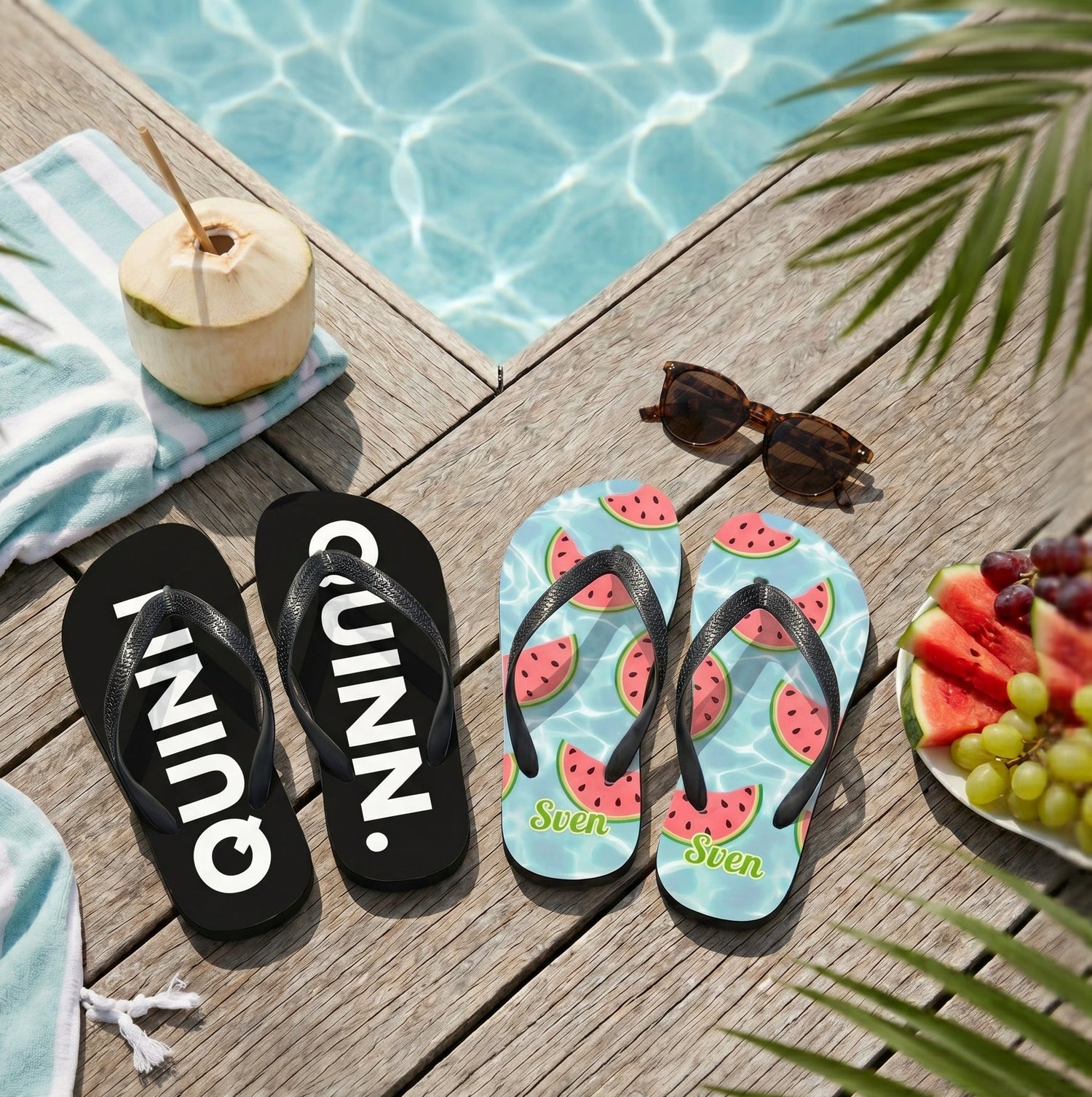 Bedrukte slippers met eigen naam, model watermeloen en zwart-wit design.