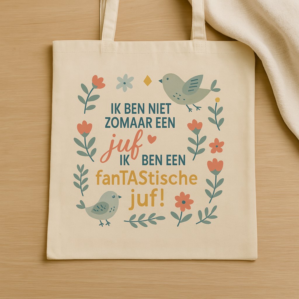 Canvas tas met print: 'Ik ben niet zomaar een juf, ik ben een fanTAStische juf!' – vrolijk ontwerp met bloemen en vogeltjes, ideaal als juffencadeau.