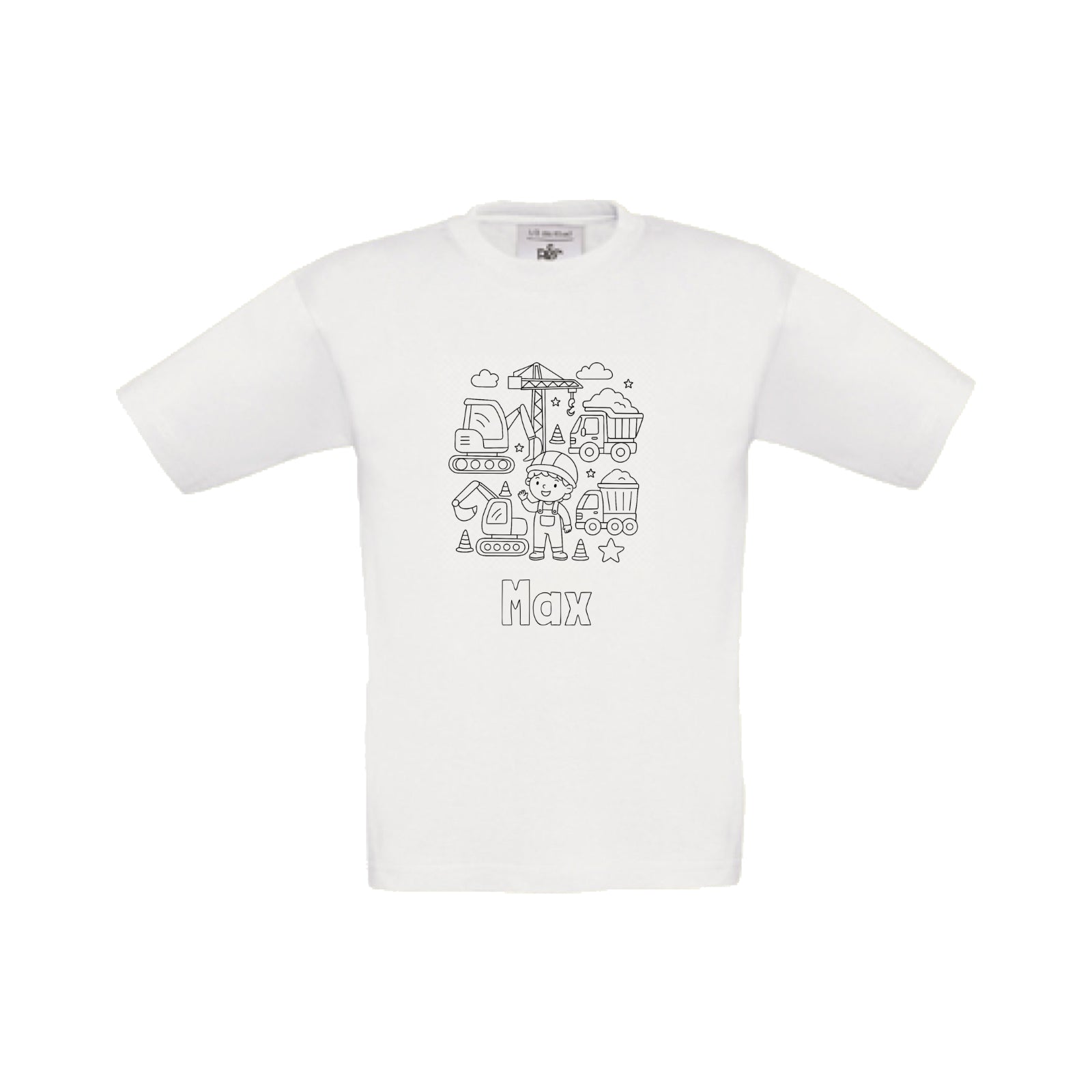 Wit t-shirt om in te kleuren met bouwplaats print en naam, maat 98/104 t/m 152/164 – Traktatiecorner.nl