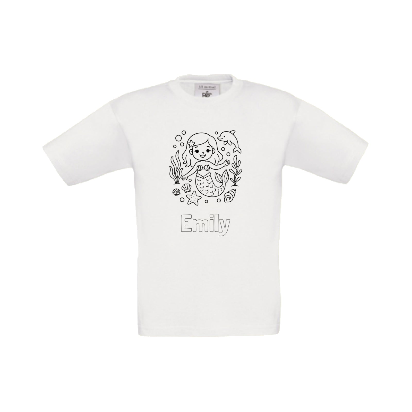 Wit t-shirt om in te kleuren met zeemeermin print en naam, maat 98/104 t/m 152/164 – Traktatiecorner.nl