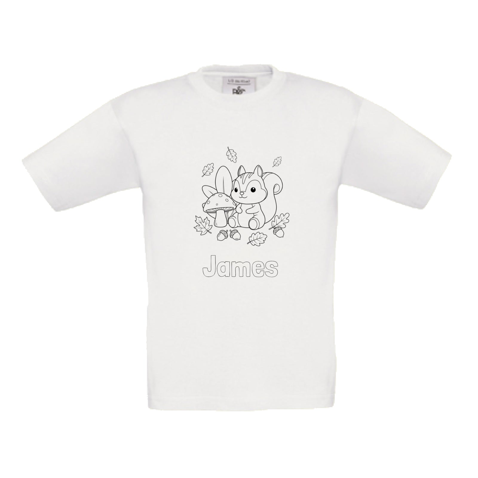 Herfst t-shirt om in te kleuren met eekhoorn, gepersonaliseerd met naam,  creatief herfstcadeau voor kinderen