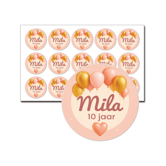 gepersonaliseerde roze verjaardag stickers met naam en leeftijd, ballonnen

