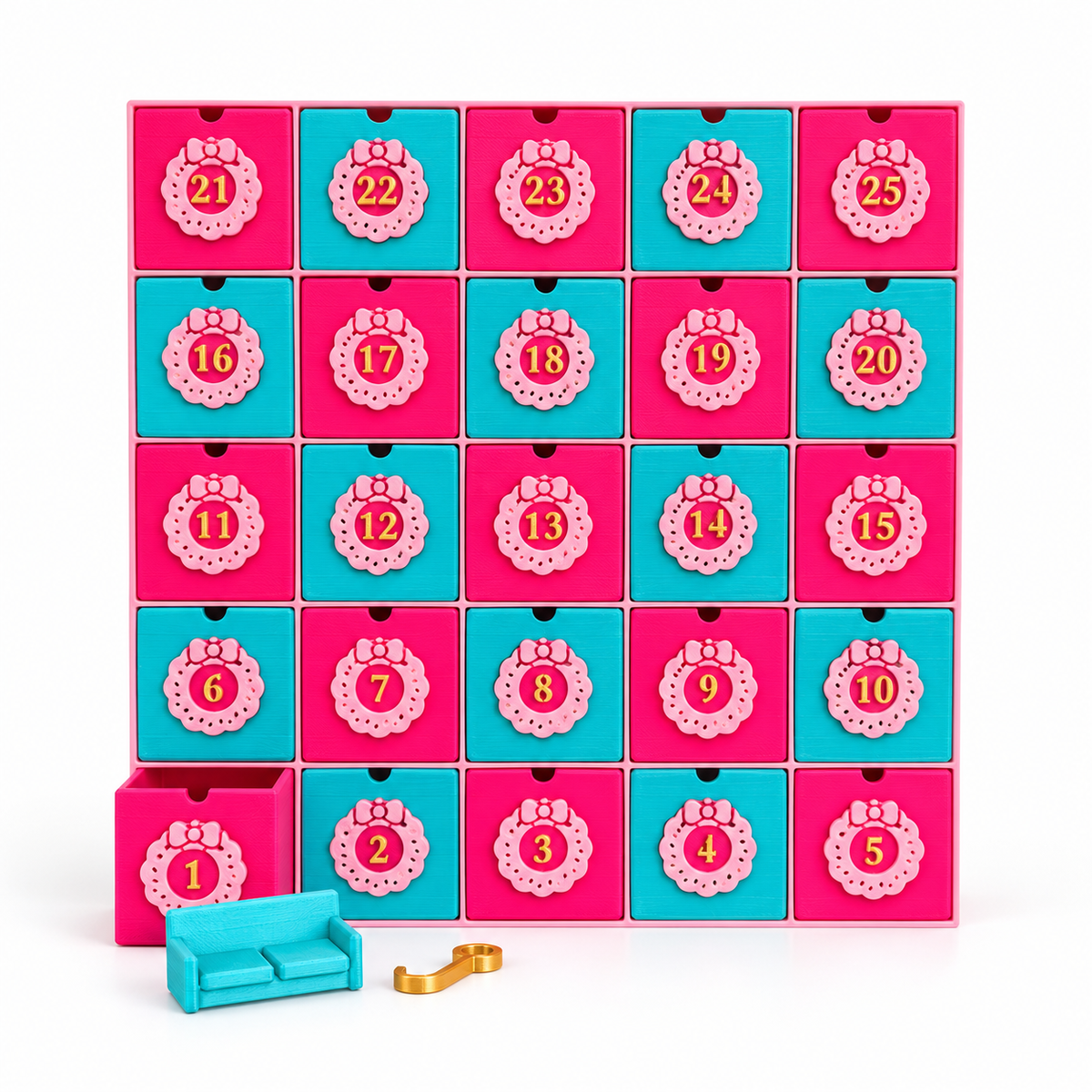 Roze en turquoise adventkalender met 25 bakjes, goudkleurige cijfers, een miniatuurbankje en een gouden sleutel.