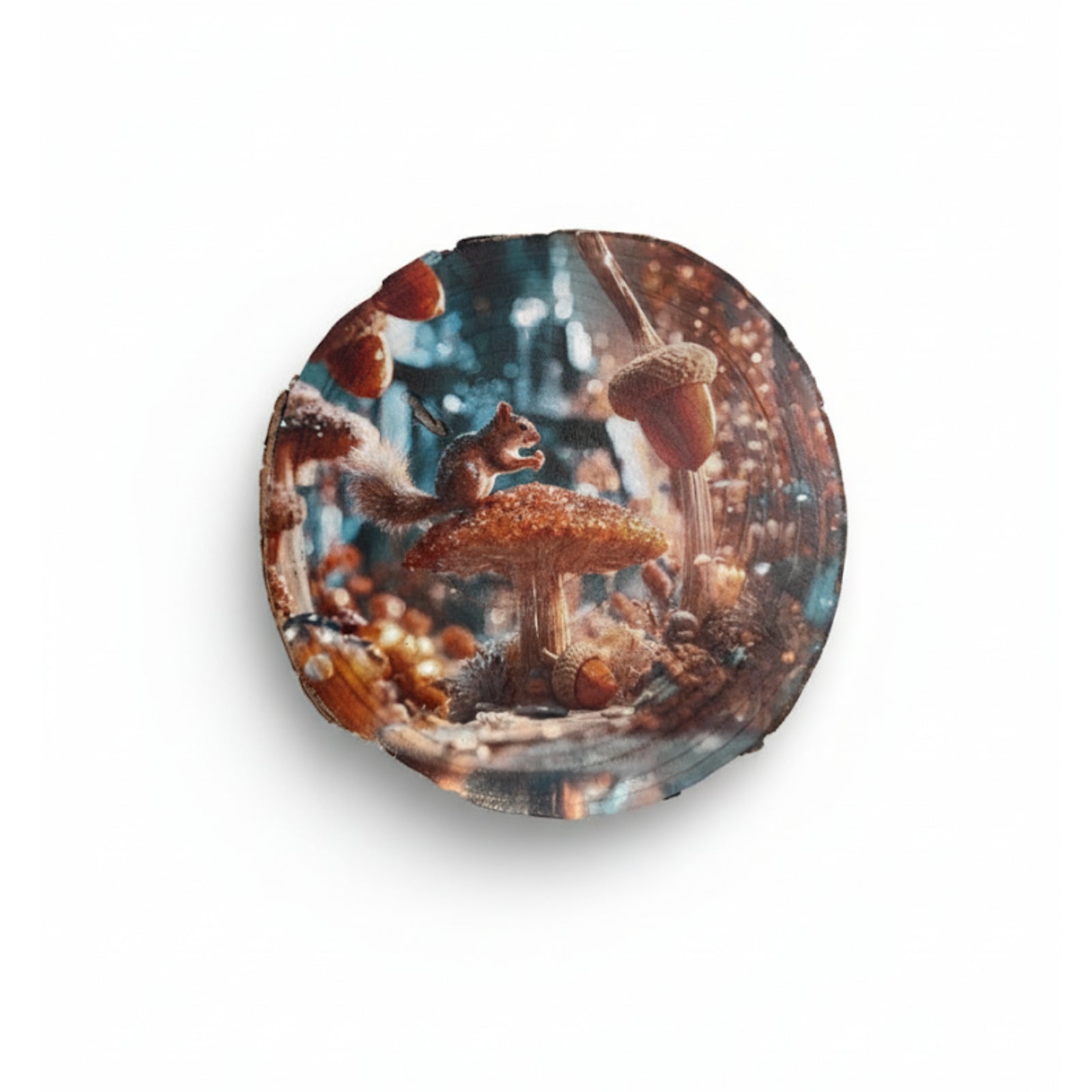 Houten boomschijf met gedetailleerde print van een eekhoorn op een paddenstoel in een bosrijk tafereel.