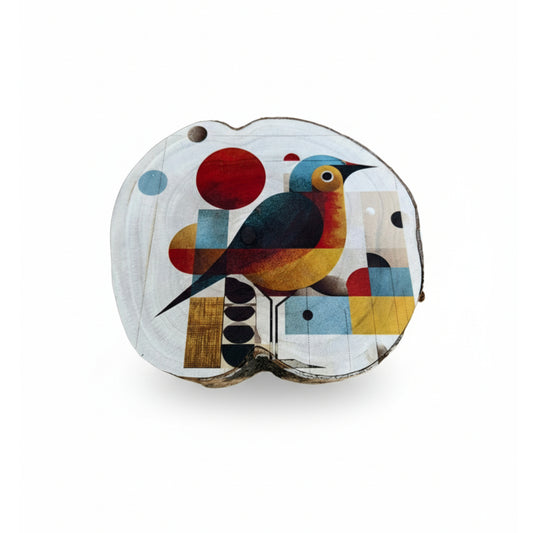 Houten boomschijf met abstracte print van een vogel, vormgegeven met geometrische vormen en felle kleuren.