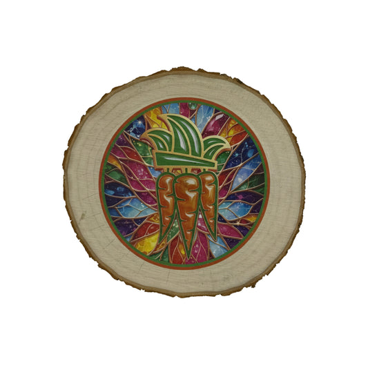 Boomschijf art met logo wortelepin in felle kleuren