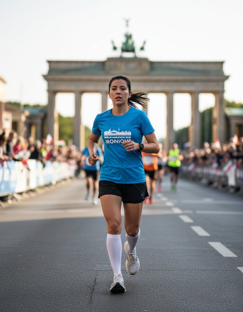 Foto van Monique in het hardloopshirt met skyline en naam de marathon van Berlijn lopend