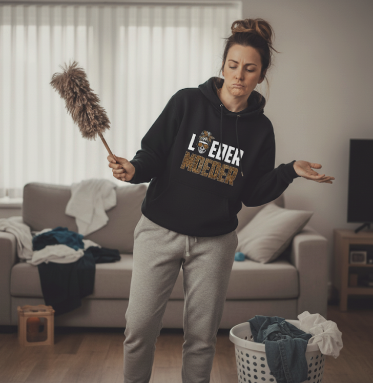 Moeder draagt een comfortabele zwarte hoodie met de tekst loeder moeder