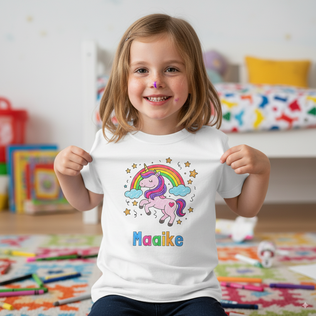 Maaike draagt haar t-shirt met eenhoorn en naam wat ze inkleurde