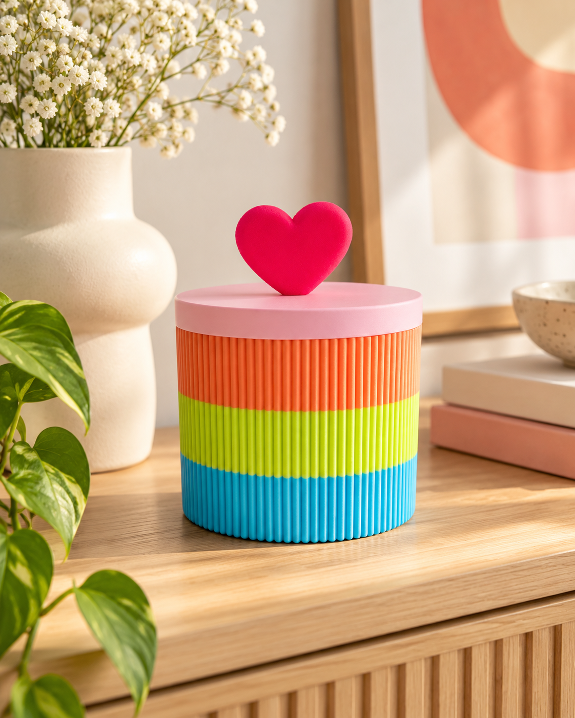 Kleurrijke geribbelde designpot met roze deksel en fuchsia hartje op een houten dressoir in een modern interieur