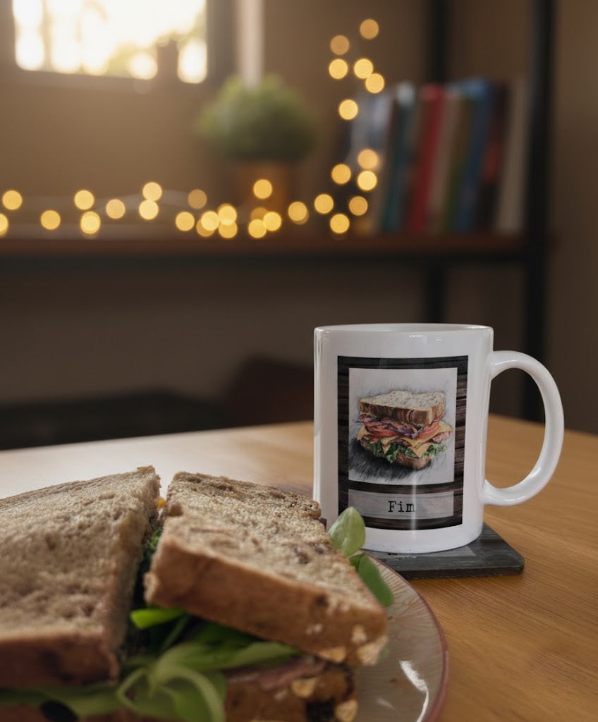 Ontbijttafel met een boterham en er naast een mok met een afbeelding van de Fim van het venloos leesplankje