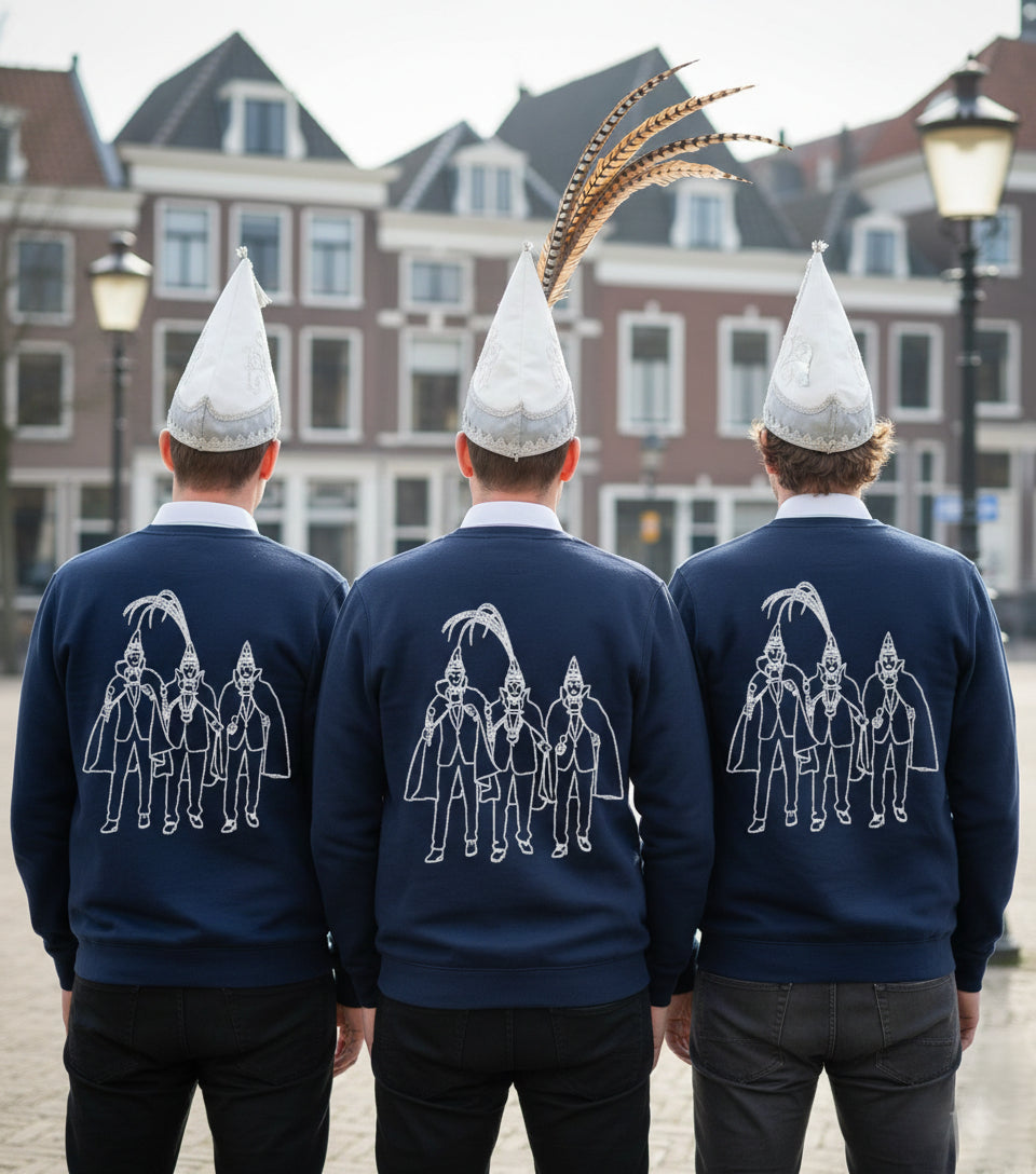 Prinsentrio draagt een sweater met lijntekening van hun foto