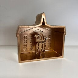 3d-geprint miniatuur raodhoes blerick met wortelepin-logo in goud

