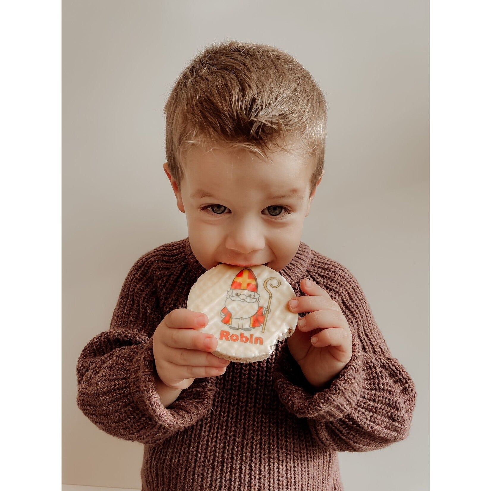 Heerlijke rijstwafel bedrukt met Sinterklaas en de naam Robin.