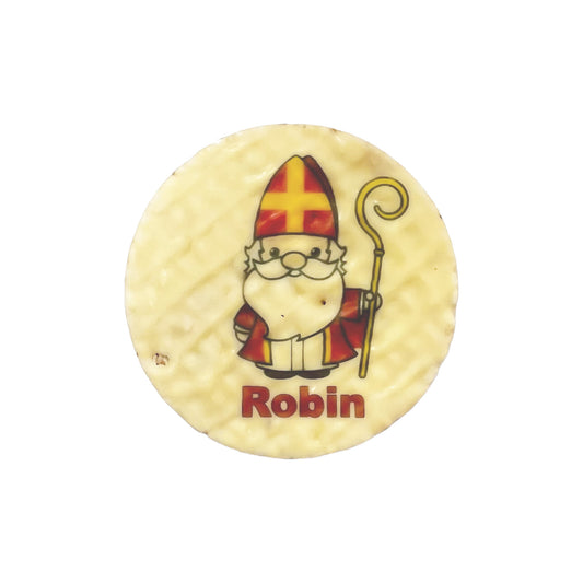 Rijstwafel bedrukt met Sinterklaas en de naam Robin