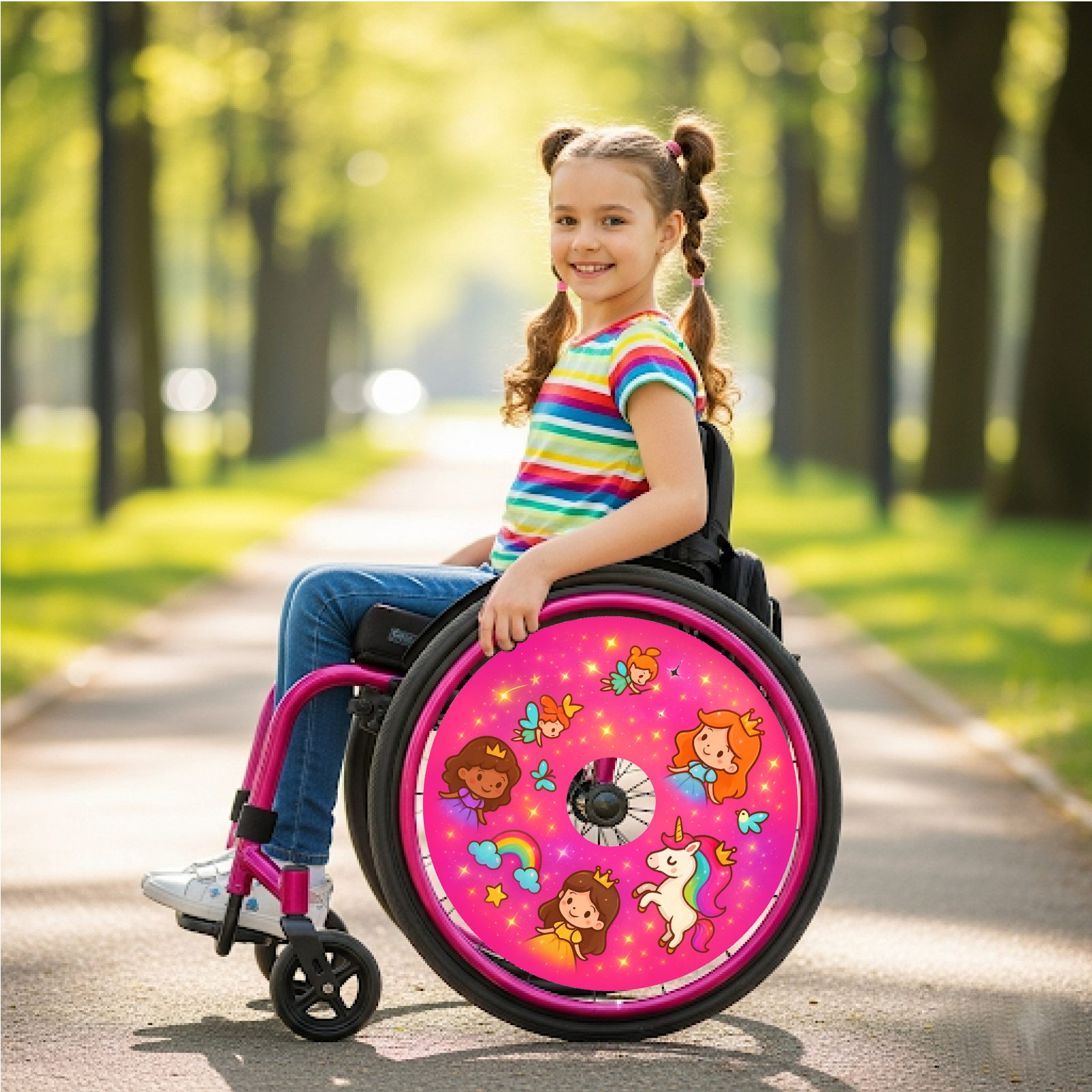 Een meisje in een rolstoel met een spaakbeschermer sticker met prinsessen en een unicorn