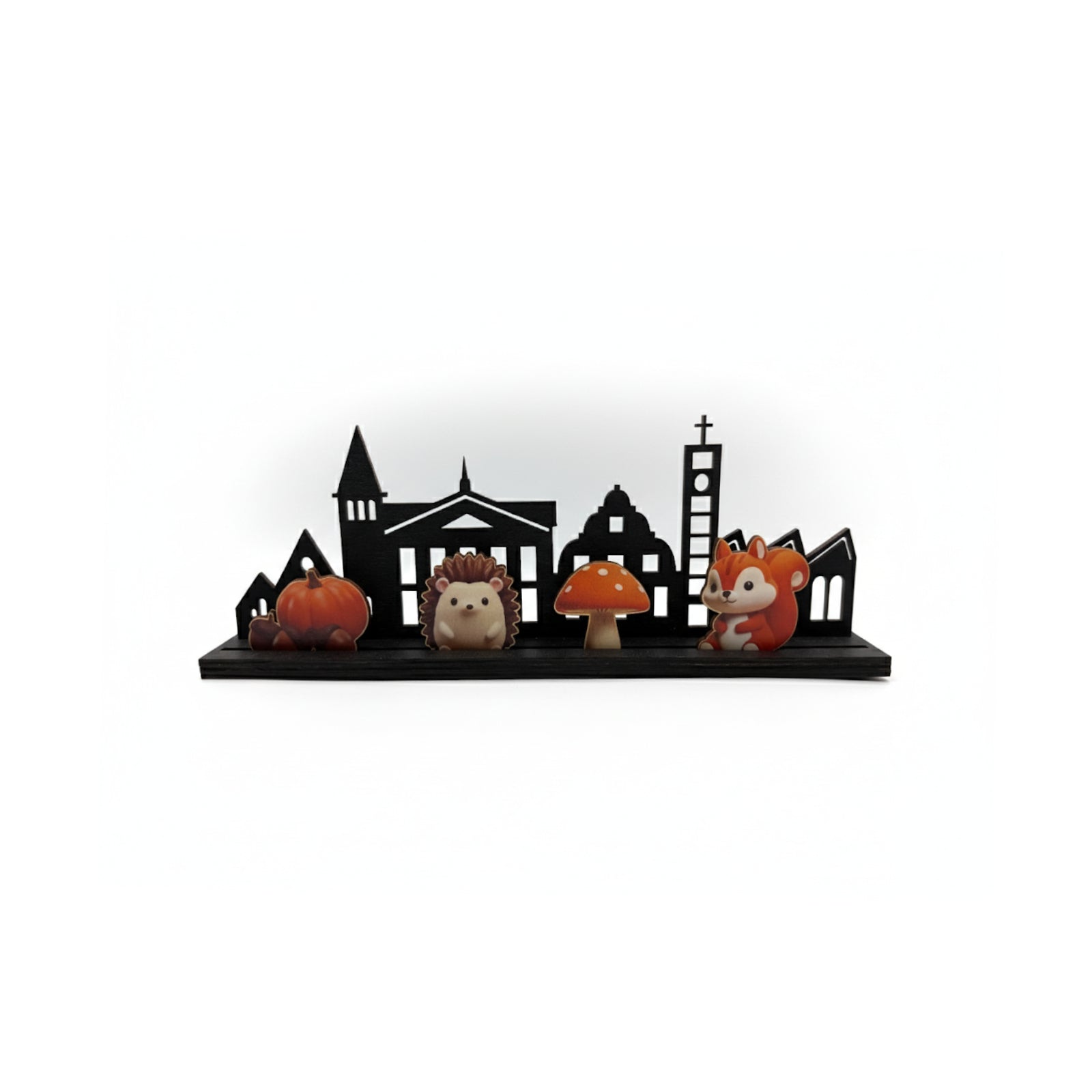 Houten skyline van Blerick met verwisselbare inzetstukjes in het thema herfst