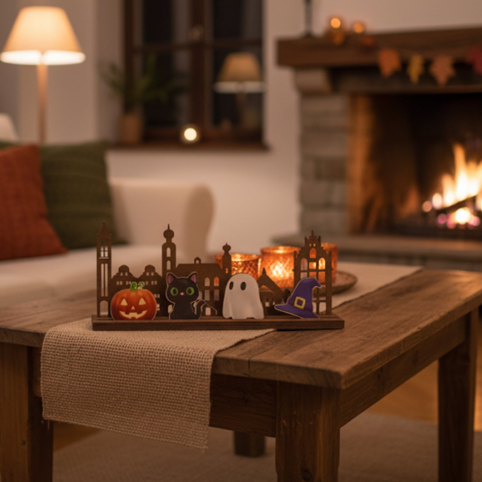 Gezellige huiskamer met als decoratie de skyline van Venlo in thema halloween
