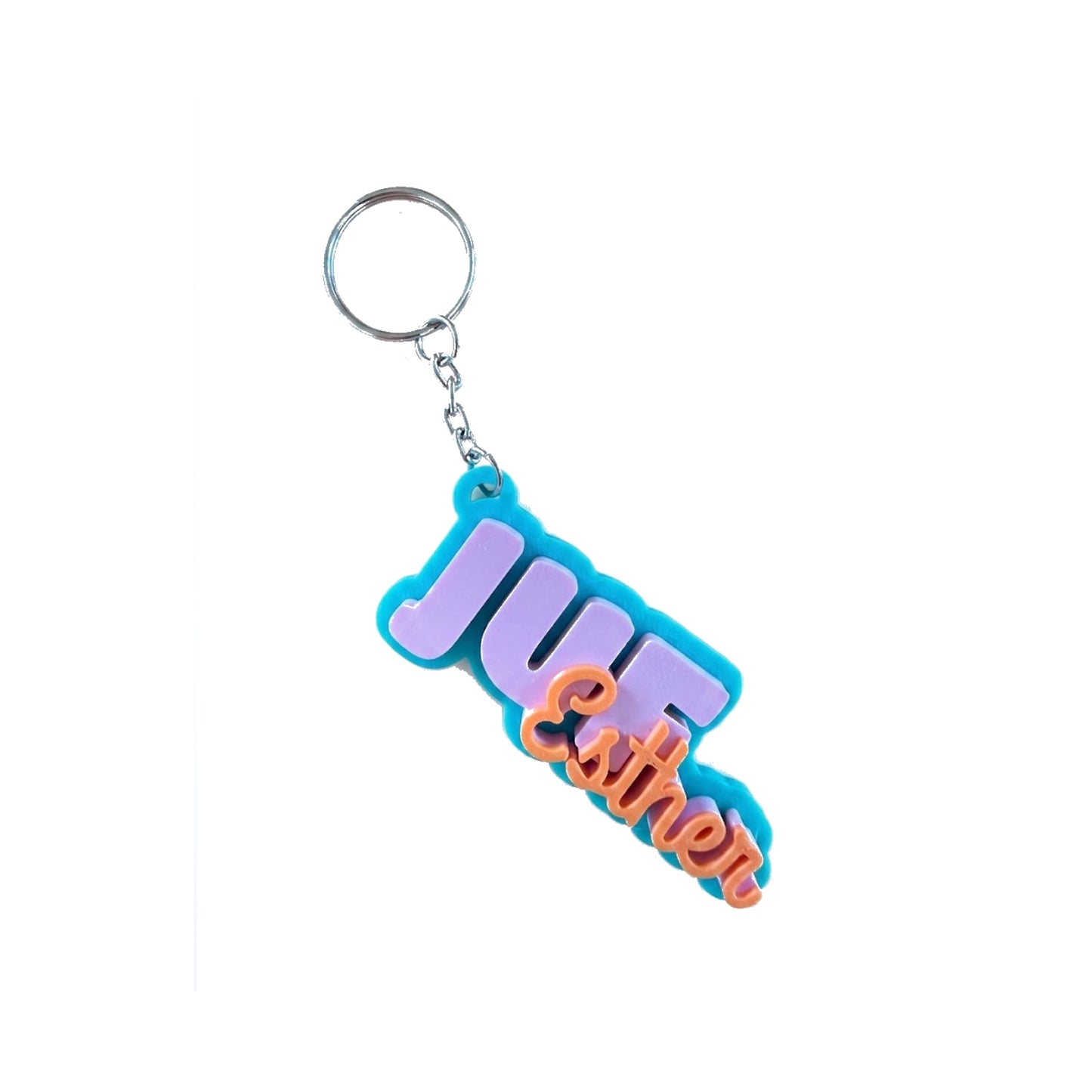 3D-geprinte sleutelhanger met JUF en naam Esther in turquoise, paars en oranje