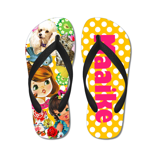 slippers girly retro pop dieren stippen geel met naam gepersonaliseerd