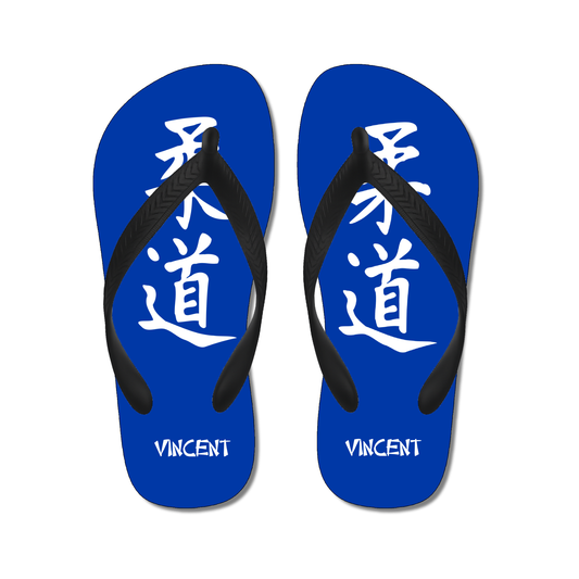 blauwe slippers met Japans teken judo en naam gepersonaliseerd