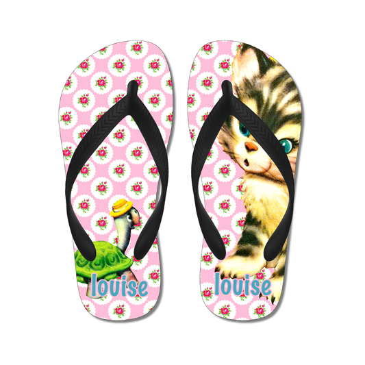 slippers poes schildpad bloemen roze met naam gepersonaliseerd