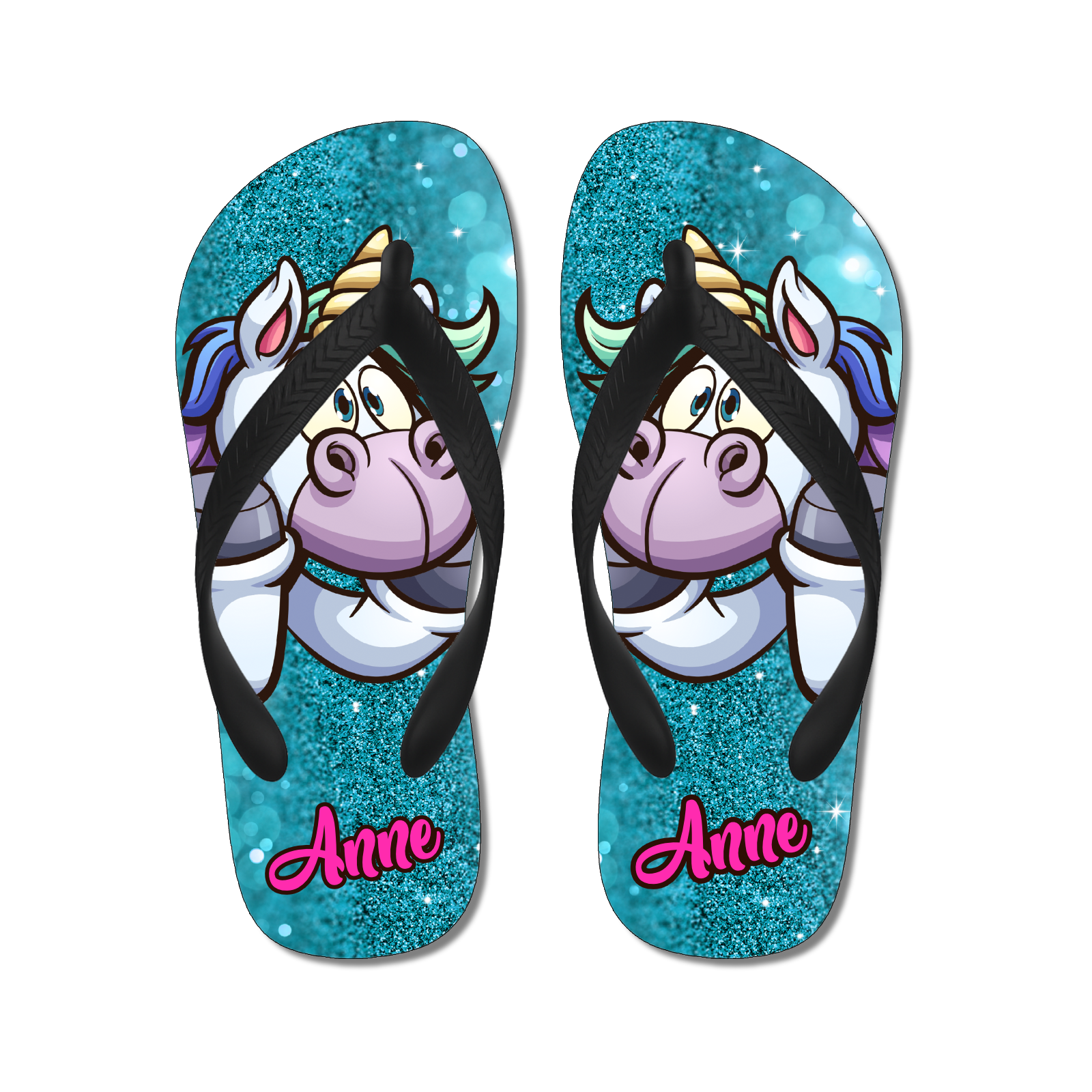 slippers unicorn eenhoorn turquoise glitter met naam gepersonaliseerd