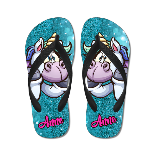 slippers unicorn eenhoorn turquoise glitter met naam gepersonaliseerd