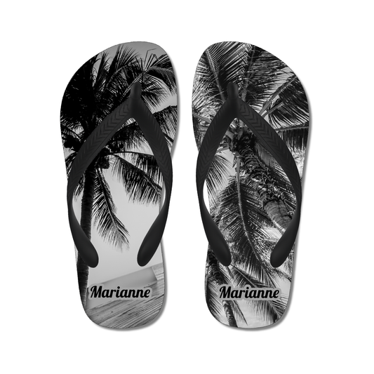 slippers met palmboom zwart wit en naam gepersonaliseerd
