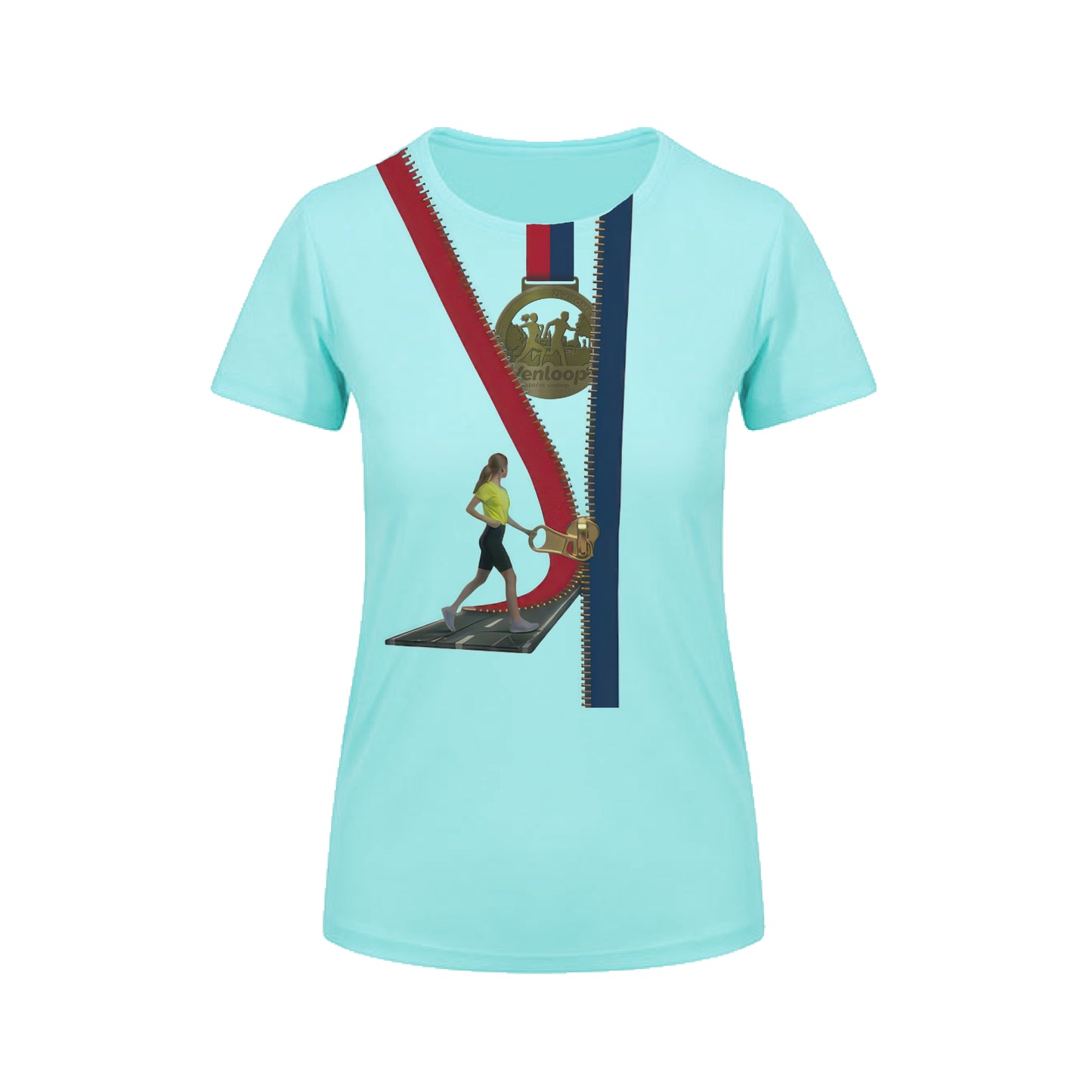 Hardloopshirt in de kleur mint met een hardloopster en een rist waarachter de medaille van de venloop zichtbaar wordt