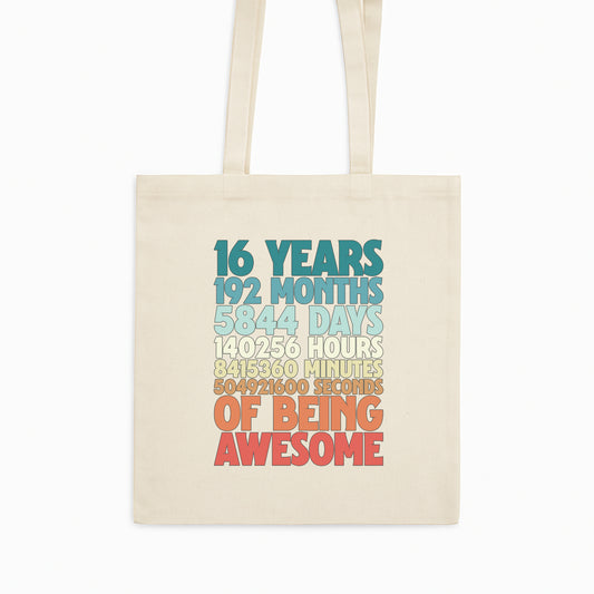 katoenen tote bag met tekst 16 years of being awesome in kleur