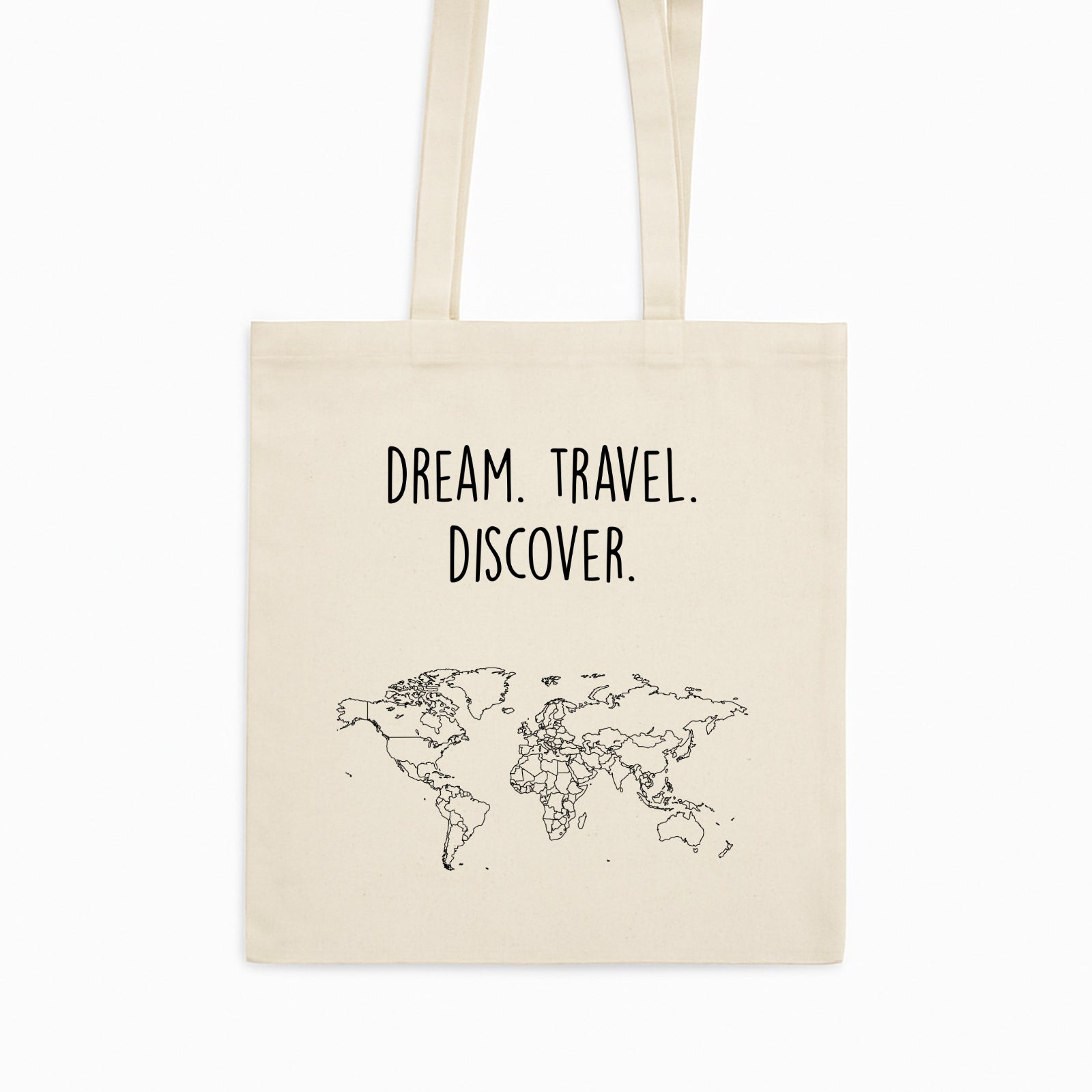 katoenen tote bag met tekst dream travel discover en wereldkaart


