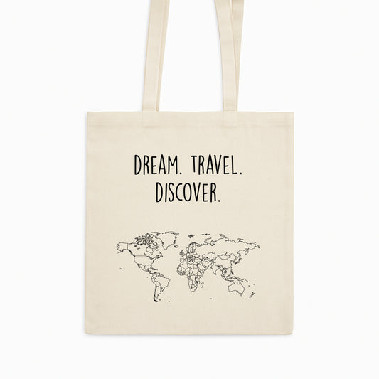 katoenen tote bag met tekst dream travel discover en wereldkaart

