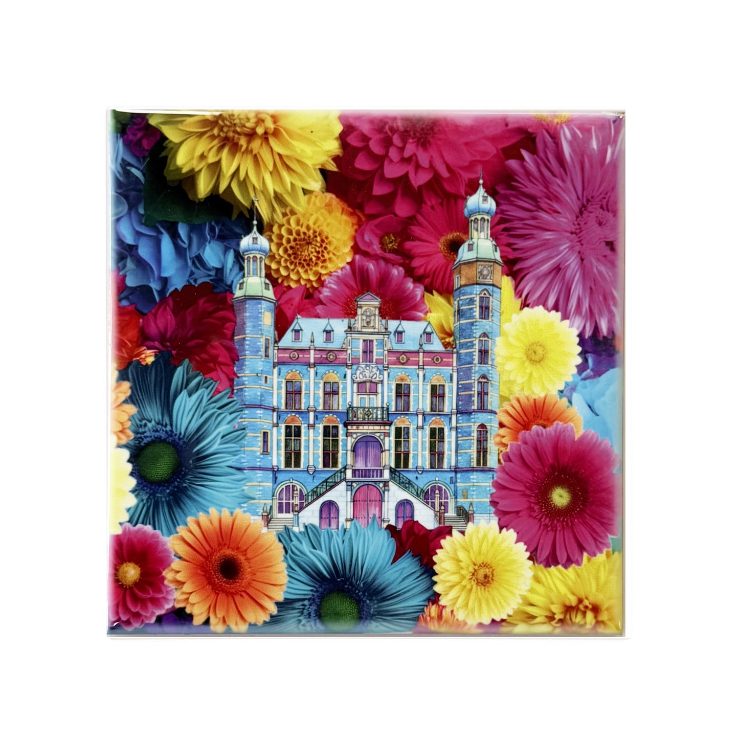 keramisch tegeltje bedrukt met het stadhuis van Venlo en bloemen in vrolijke frisse kleuren