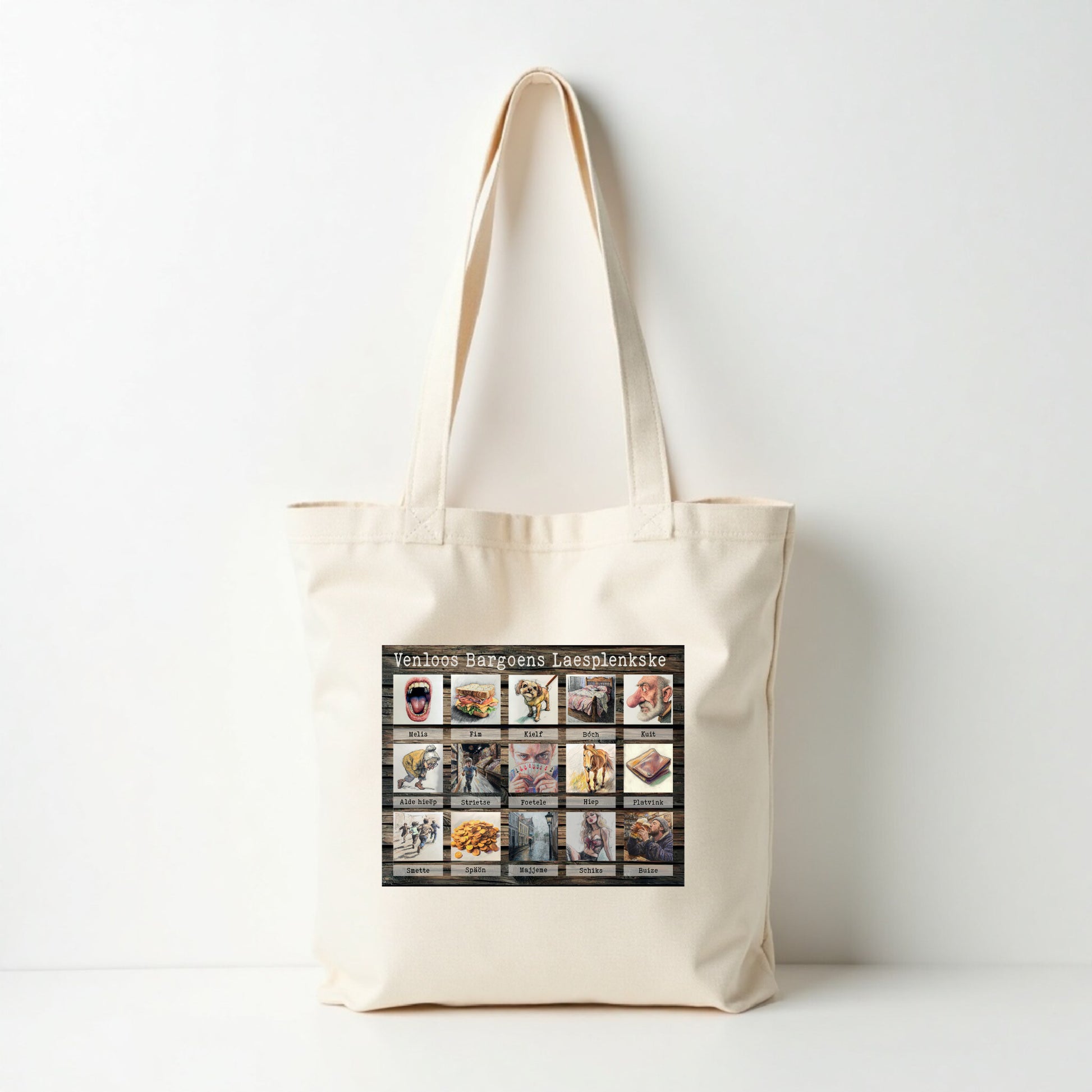 Tas bedrukt met Venloos Bargoens leesplankje