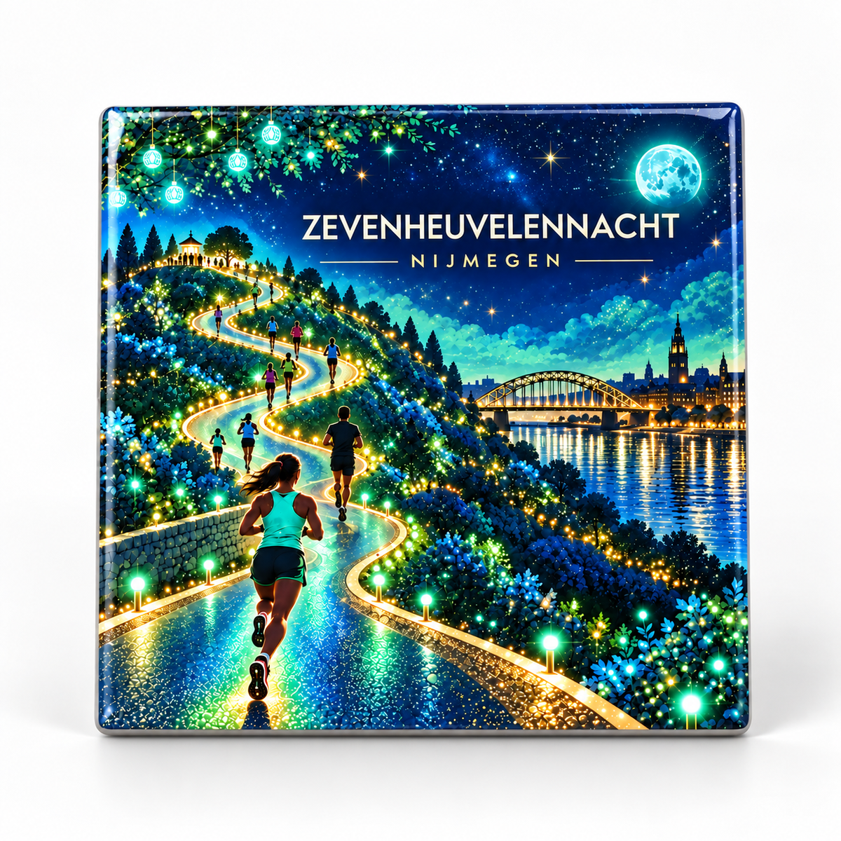 Keramisch tegeltje Zevenheuvelennacht Nijmegen met hardlopers, lichtjes en Waalbrug
