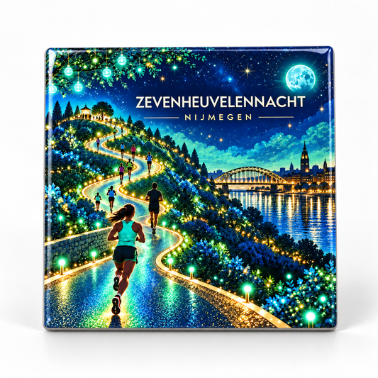 Keramisch tegeltje Zevenheuvelennacht Nijmegen met hardlopers, lichtjes en Waalbrug
